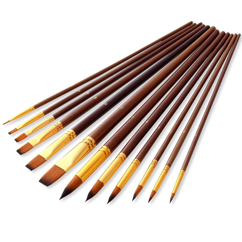 12 PCs Nylon Hair Art Brush Long Brush Holder Watercolor Painting Brush