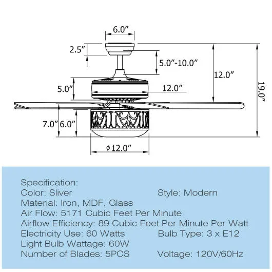 52 Inch Ceiling Fan with Light Reversible Blade and Adjustable Speed-Silver