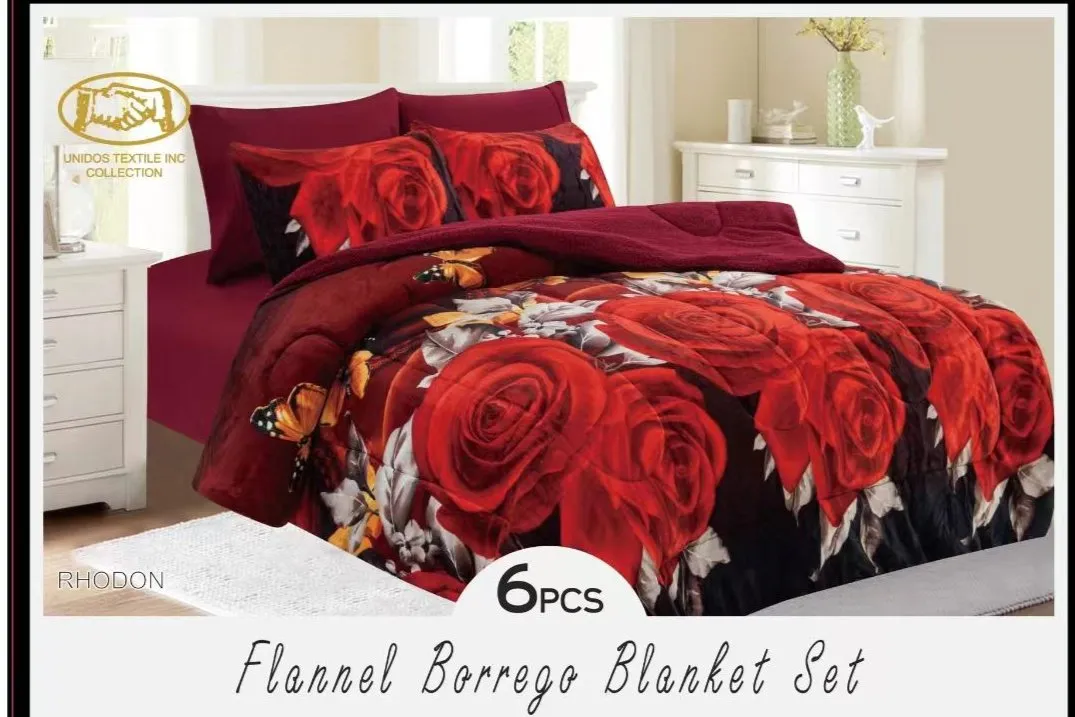 6pc Flannel Borrego Blanket Set ( King & Queen Size)