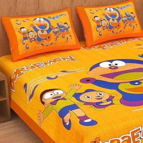 AC FASHION Rajasthani Jaipuri Traditional Sanganeri Doraemon Print 144 TC 100% Cotton Double Size Bedsheet with 2 Pillow Covers