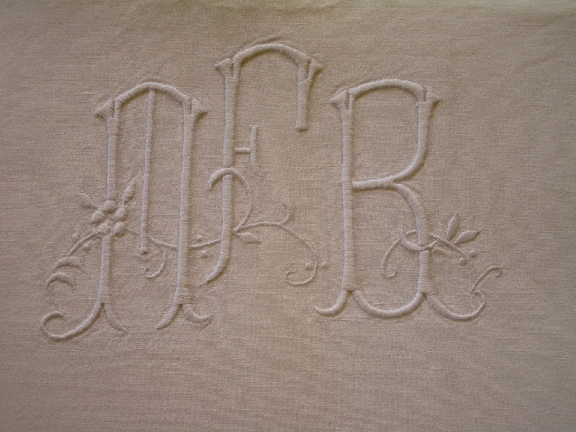 Antique French linen bed sheet - MFR monogram