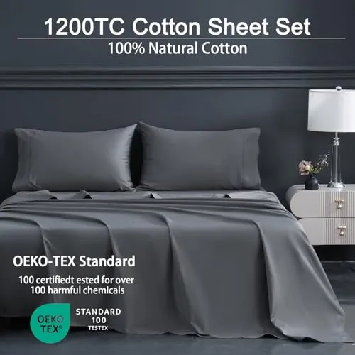 Bedlifes Full Size Cotton Bed Sheets 1200 Thread Count Egyptian Cotton Sheet Set-100% Cotton Luxury Hotel Cooling Sheets-Breathable Soft Smooth-Sateen Weave-16 Deep Pocket-Dark Grey-Full