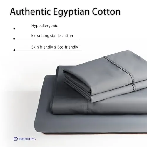 Bedlifes Full Size Cotton Bed Sheets 1200 Thread Count Egyptian Cotton Sheet Set-100% Cotton Luxury Hotel Cooling Sheets-Breathable Soft Smooth-Sateen Weave-16 Deep Pocket-Dark Grey-Full