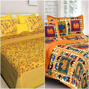 BedZone 100% Cotton Rajasthani Jaipuri King Size bedsheets Combo Double Bed Set 2 Double Bedsheet with 4 Pillow Cover - Yellow11