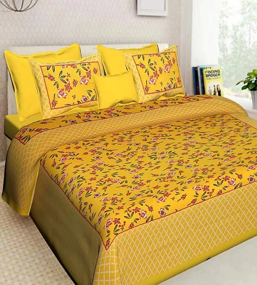 BedZone 100% Cotton Rajasthani Jaipuri King Size bedsheets Combo Double Bed Set 2 Double Bedsheet with 4 Pillow Cover - Yellow11