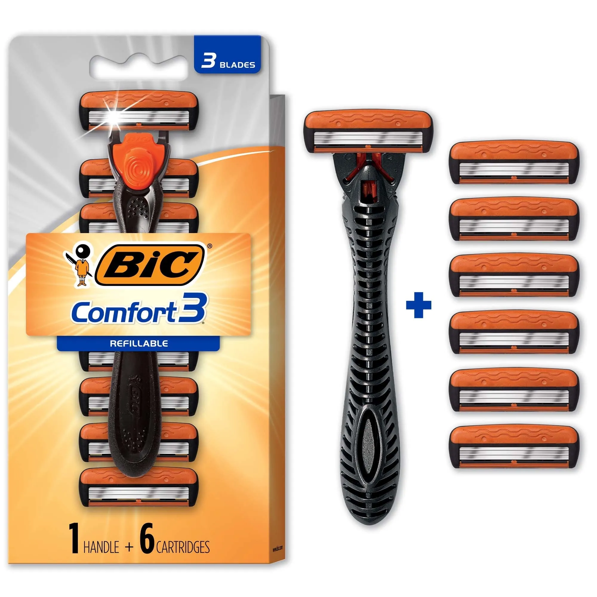 Bic Comfort 3 Refillable Three-Blade Razor, 1 Handle and 6 Cartridges