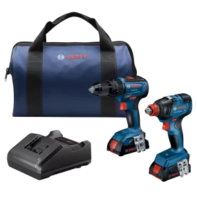 BOSCH 18V 2-Tool Combo Kit w/ 1/2 Hammer Drill/Driver & 2-IN-1 1/4" & 1/2" Bit/Socket Impact Driver/Wrench