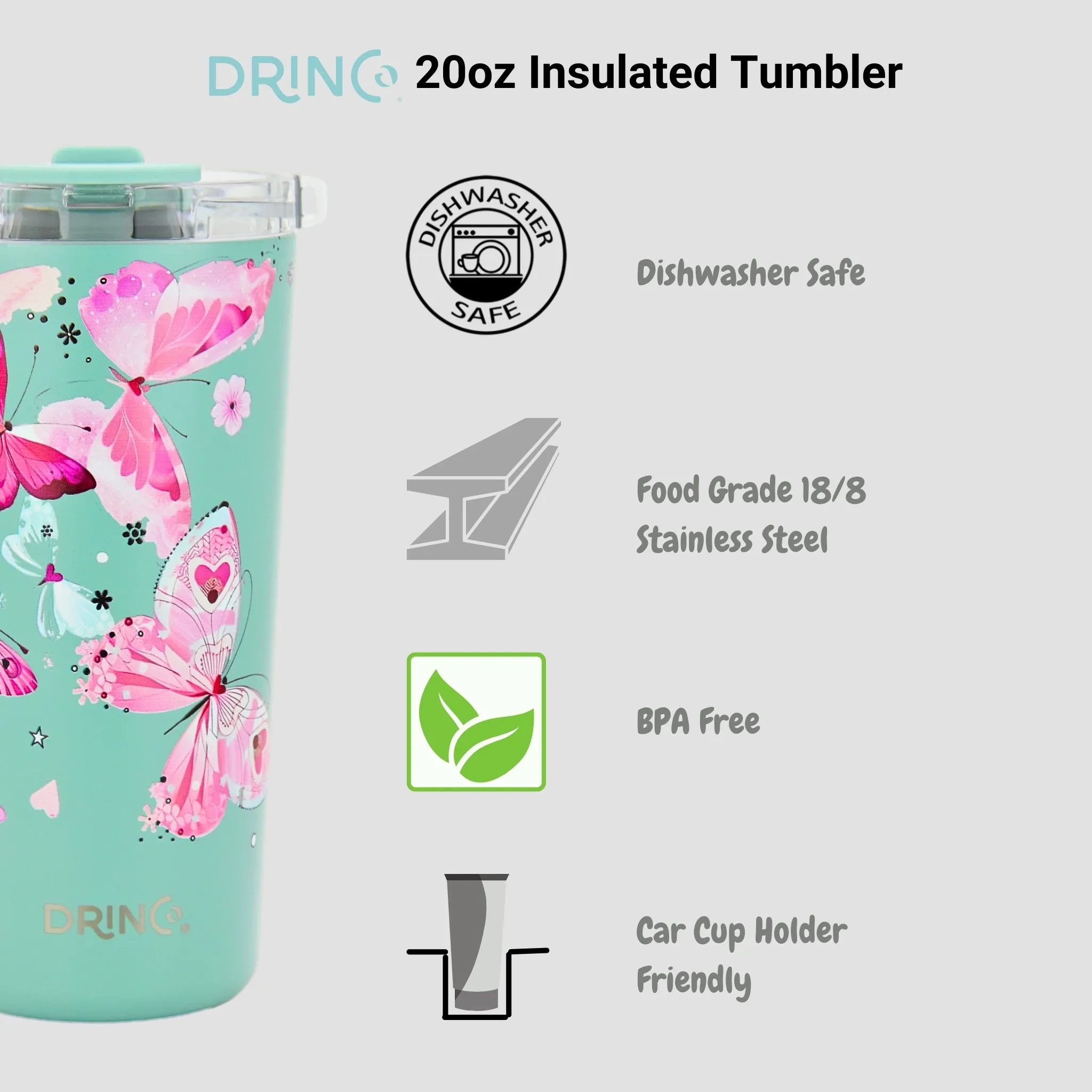 DRINCO®  Seattle 20oz Leakproof Tumbler with Straw - Butterfly