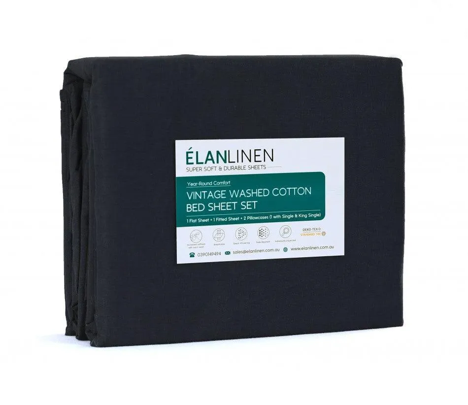 Elan Linen 100% Egyptian Cotton Vintage Washed 500TC Charcoal 50 cm Deep Mega King Bed Sheets Set