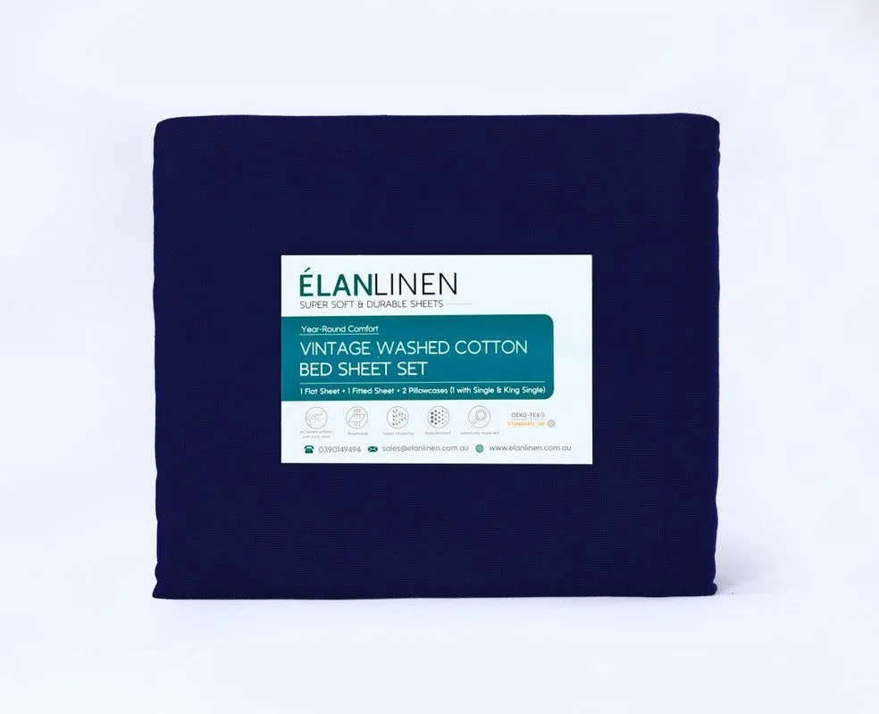 Elan Linen 100% Egyptian Cotton Vintage Washed 500TC Navy Blue 50 cm Deep Mega Queen Bed Sheets Set