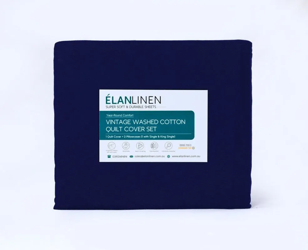 Elan Linen 100% Egyptian Cotton Vintage Washed 500TC Navy Blue 50 cm Deep Mega Queen Bed Sheets Set