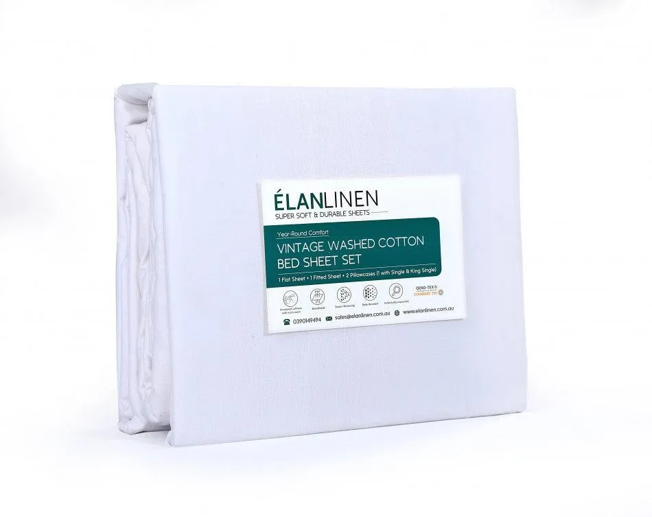 Elan Linen 100% Egyptian Cotton Vintage Washed 500TC White King Bed Sheets Set