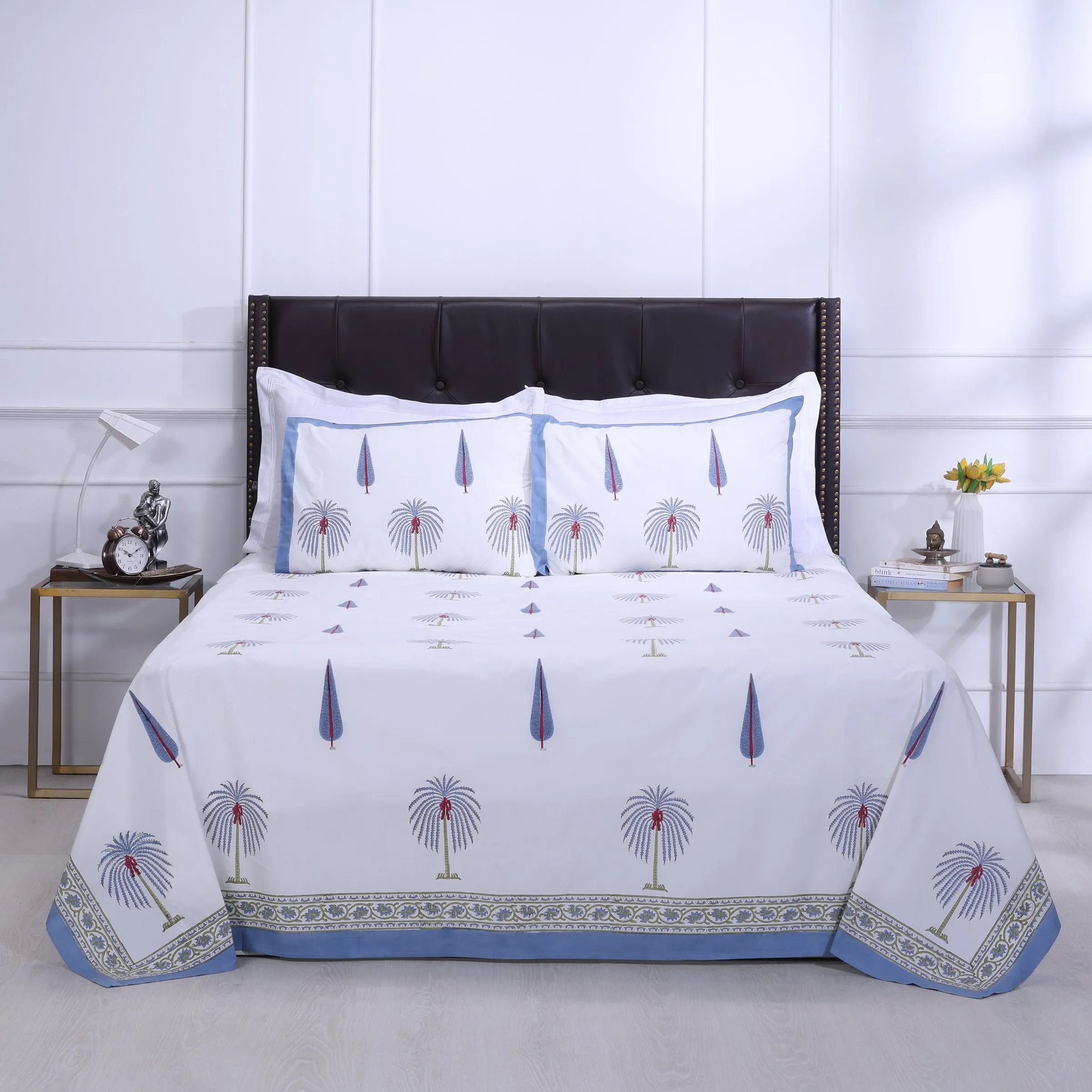 Fiza Palm Tree Blue Cotton Percale Bedsheet