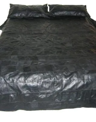 Full Black Sheepskin Leather Bed Sheet Square Pattern With Two Black Pillow Cases