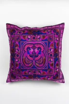 Hmong Hill Tribe Embroidered Peacock Pillowcase in Purple