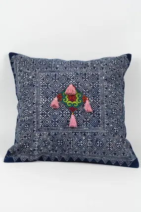 Hmong Indigo Batik Cotton Pillowcase with Light Pink Tassels