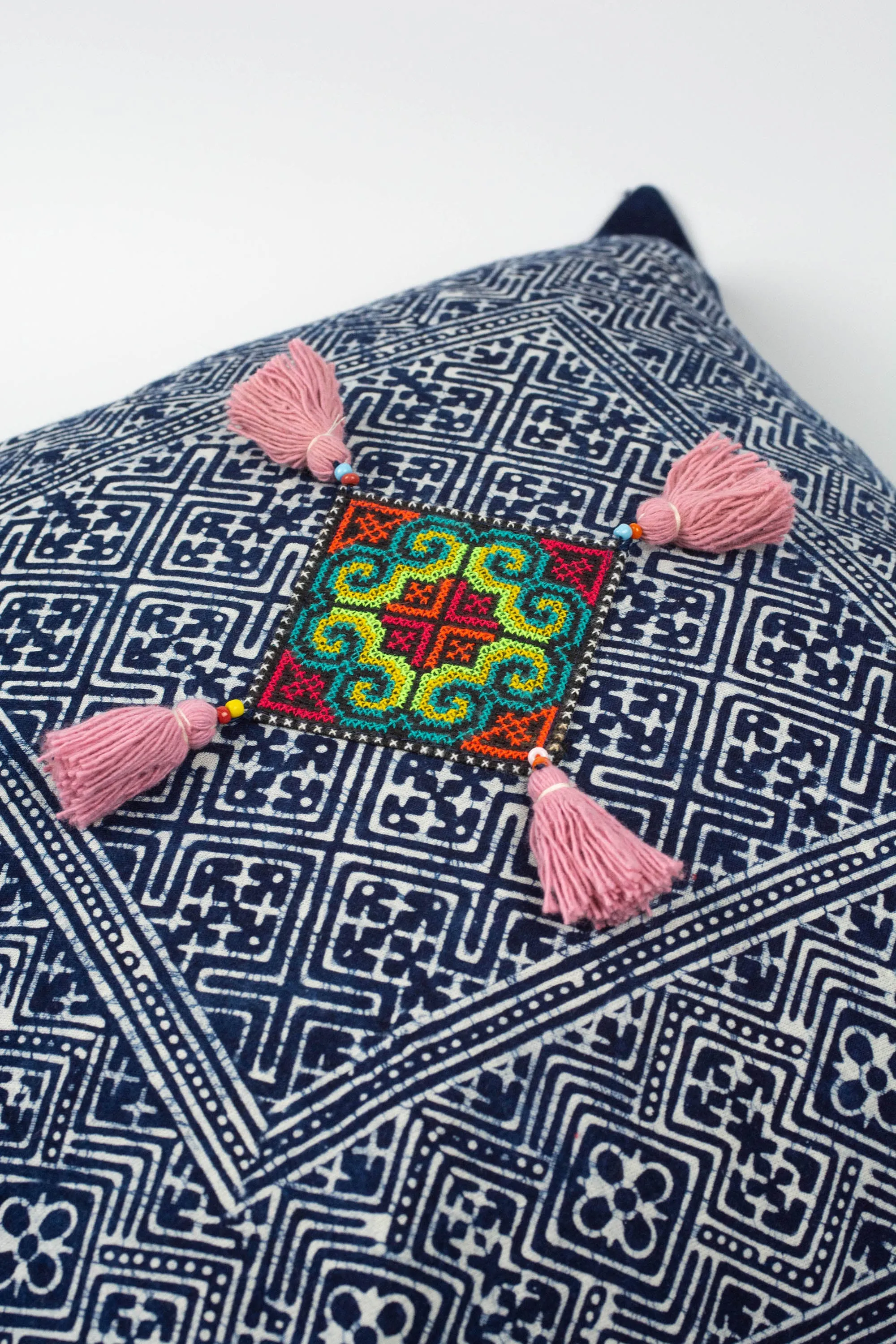 Hmong Indigo Batik Cotton Pillowcase with Light Pink Tassels