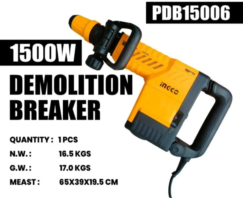 Homdum 11kg Demolition Hammer PDB15006 INGCO 1500W 6-25J Jack Hammer Breaker 11E with 2 Chisels Heavy Duty Concrete Breaker Anti Vibration System.