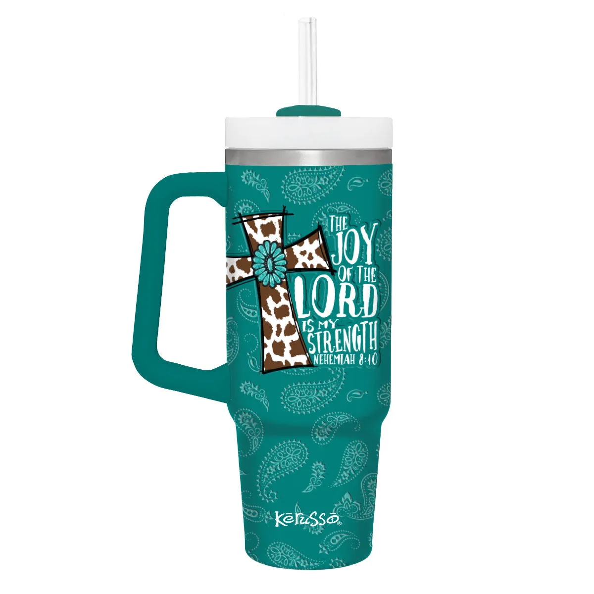 Kerusso 30 oz Stainless Steel Mug With Straw Cowhide Cross