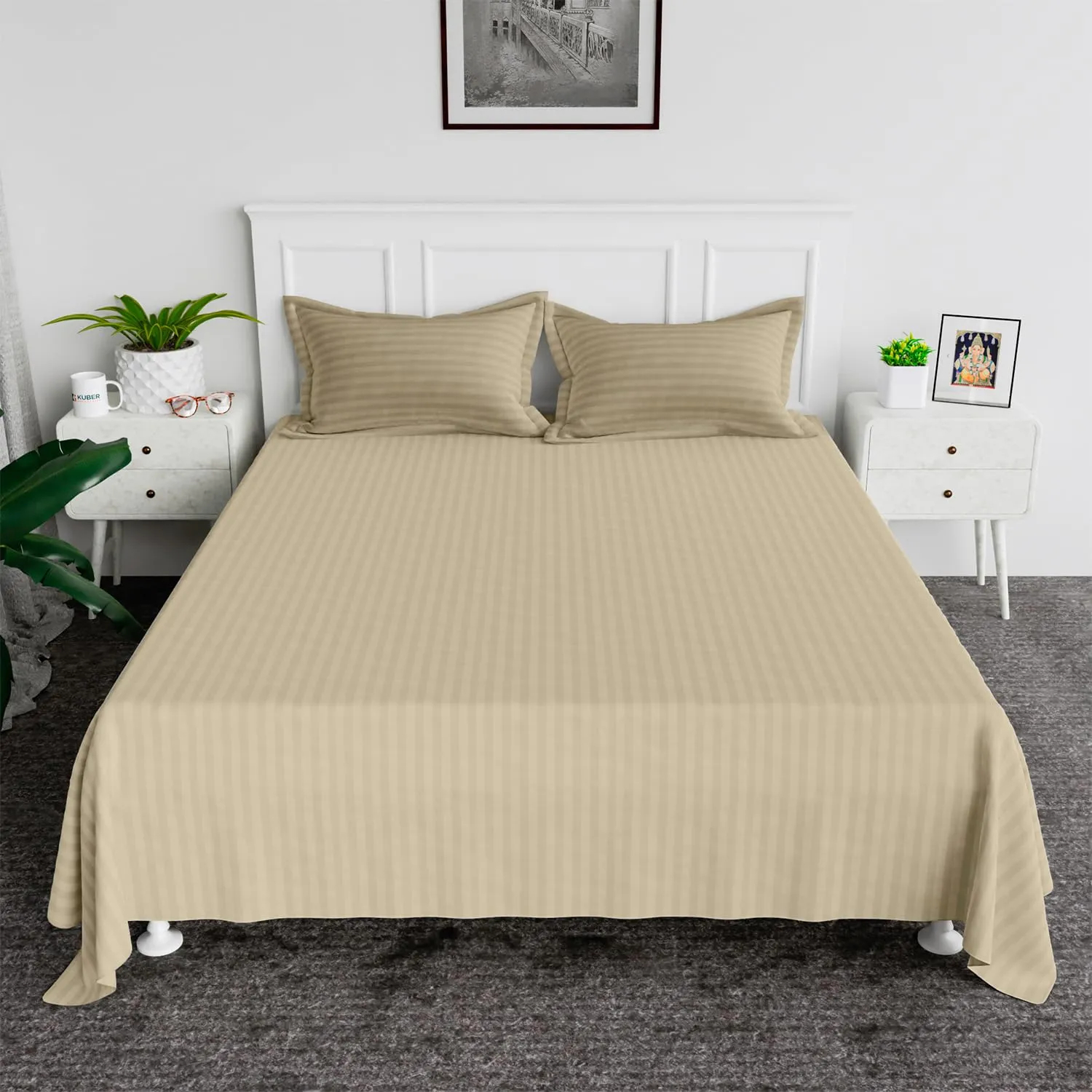 Kuber Industries Double Bedsheet with 2 Pillow Covers | 144 TC Glace Cotton Bedsheet | Satin Striped Bedsheet for Home | Hotel | Bedroom | 90x100 Inch | Cream