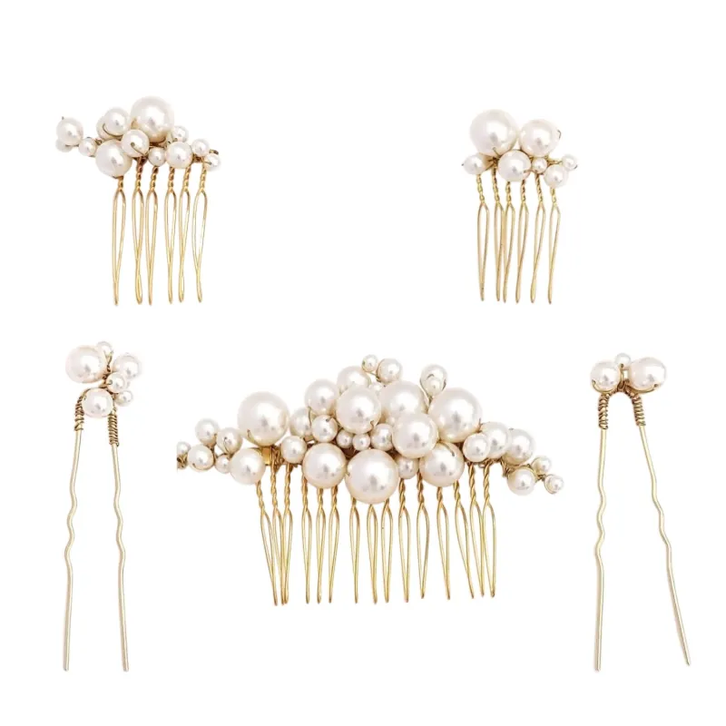 Lucie Gold Pearl Hair Comb and Pin Set