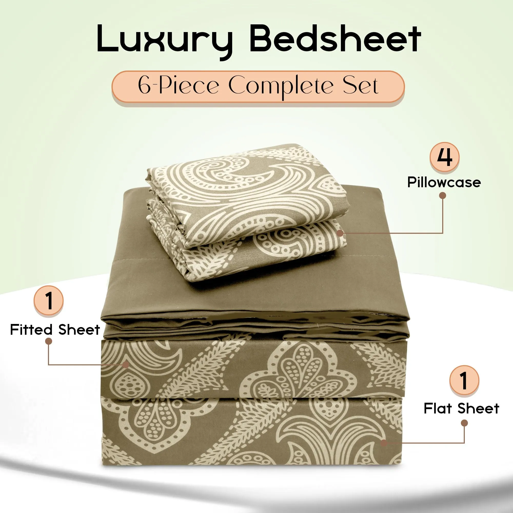 Lux Decor King Size Bed Sheets Set, 6-Pc Cooling Bed Set, Breathable Hotel Style Sheets, Microfiber Sheets Deep Pockets, Easy-Fit, Soft & Wrinkle Free Oeko-Tex Paisley Bed Sheets (King, Ivory)