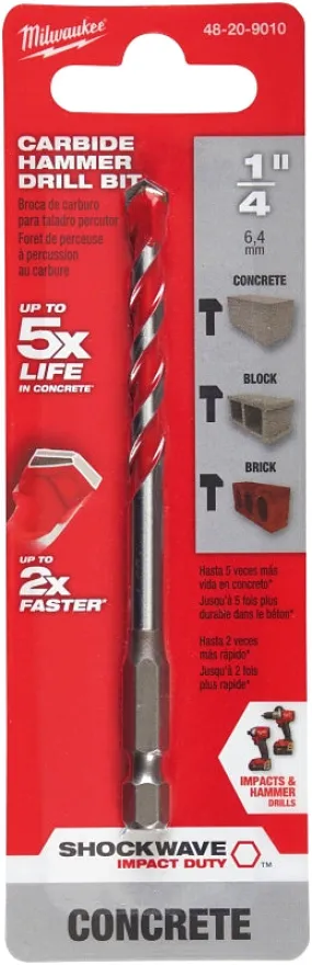 Milwaukee SHOCKWAVE 48-20-9010 Drill Bit, 1/4 in Dia, 4 in OAL, Wide Flute, 1/4 in Dia Shank, Hex Shank :CD: QUANTITY: 3