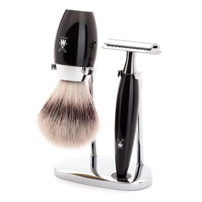 MUHLE Kosmo, Resin Black, Shaving Set with Safety Razor & Silvertip Fibre® Shaving Brush