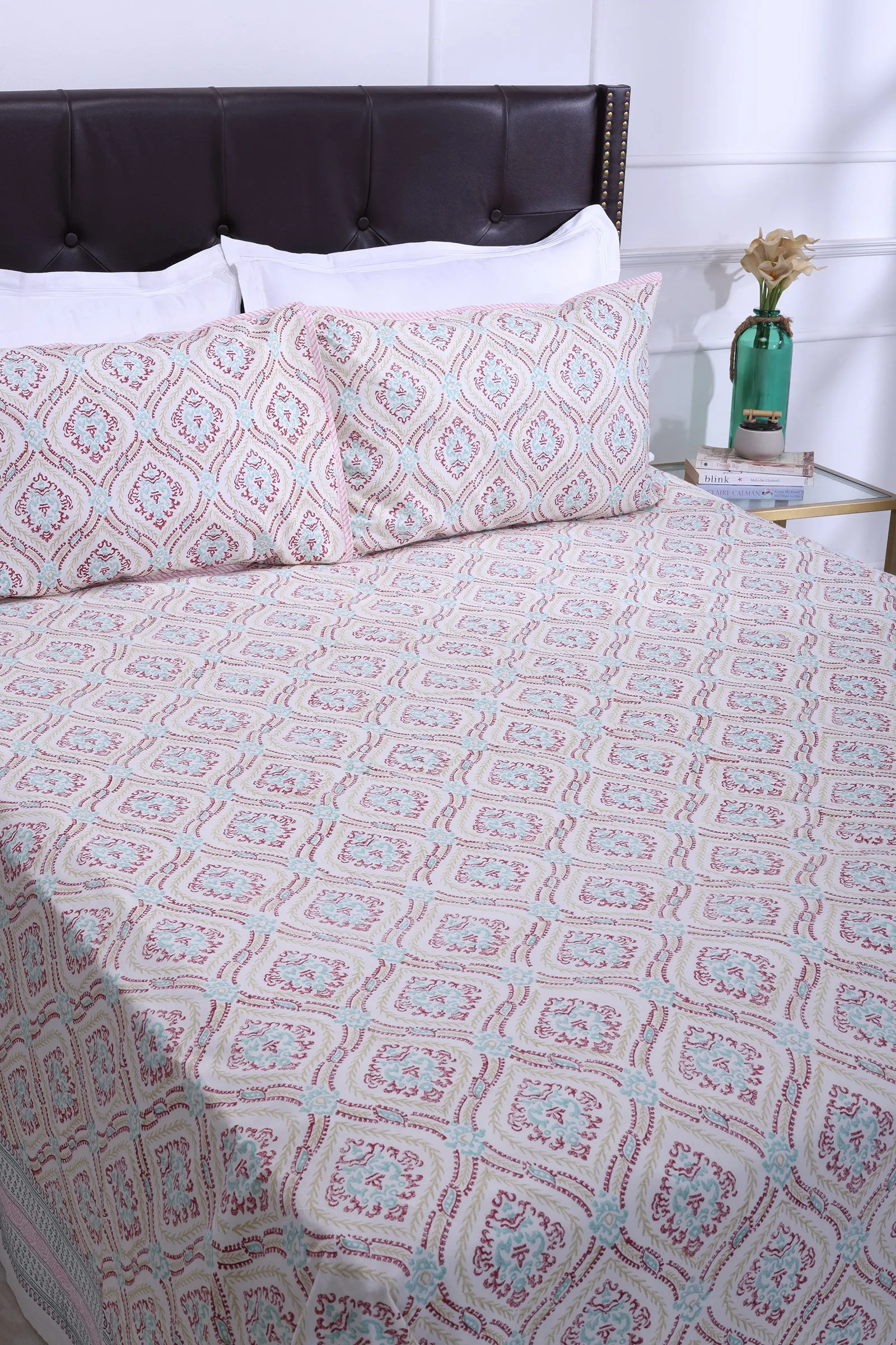 Parvati Damask Jaal Pink Cotton Percale Bedsheet