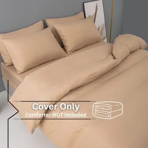 Premium 6 Piece King Size Duvet Cover Satin Stripe Solid Golden Brown.