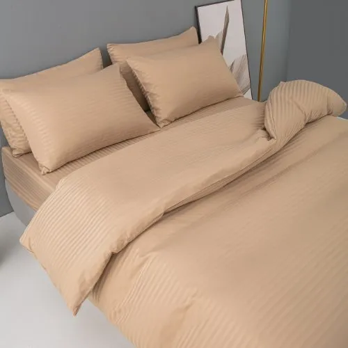 Premium 6 Piece King Size Duvet Cover Satin Stripe Solid Golden Brown.