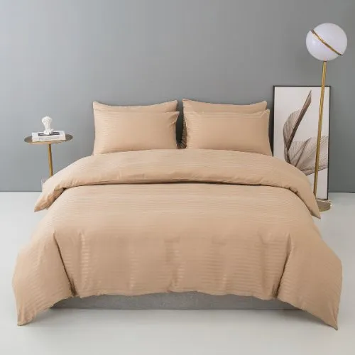 Premium 6 Piece King Size Duvet Cover Satin Stripe Solid Golden Brown.