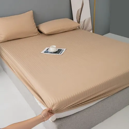 Premium 6 Piece King Size Duvet Cover Satin Stripe Solid Golden Brown.