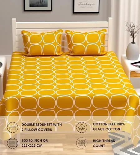 RVS DECOR Home Double Bedsheet for Double Bed Cotton | Double Bed Sheet Double Bed Cotton | Cotton Bedsheets for Double Bed | Cotton Bed Sheets for Double Bed (90x90 Inch, Yellow and White) -S_10