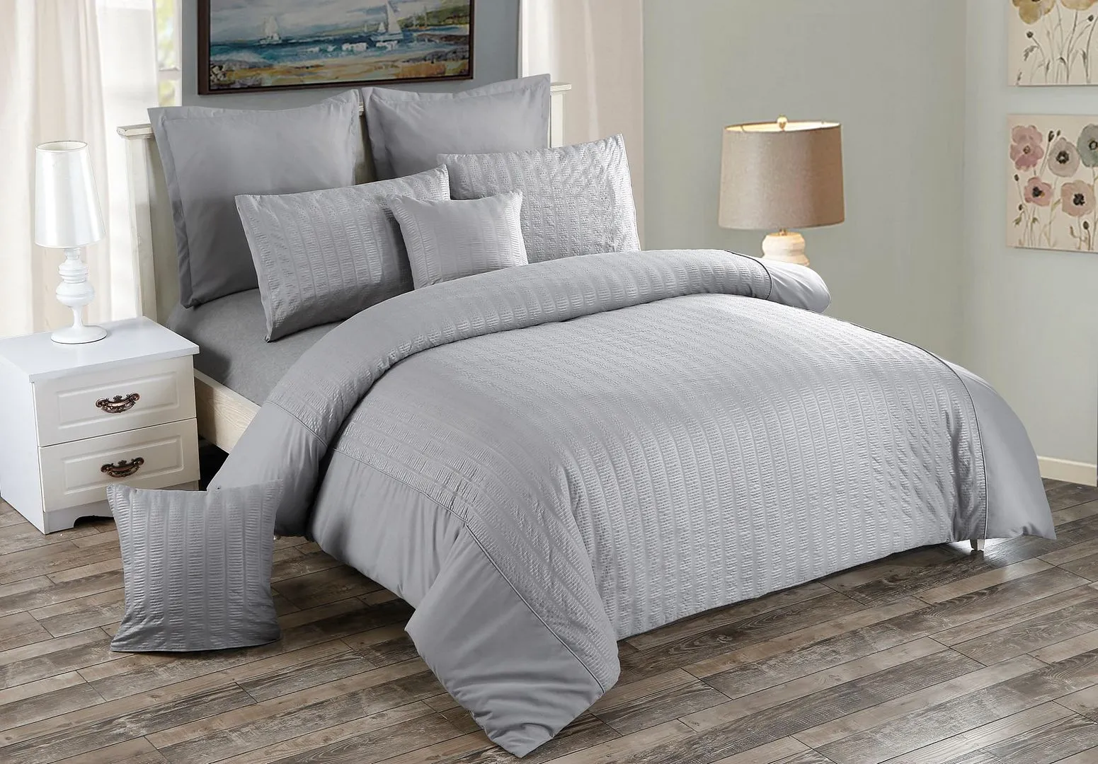 Seersucker Queen Size Grey Duvet Quilt Cover Set