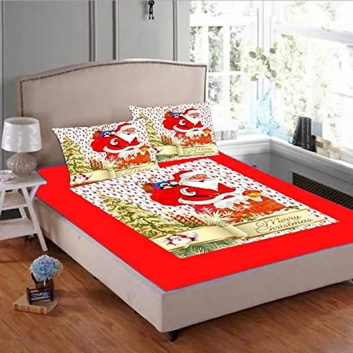 Shri Anand Creations 200TC Digital Print Christmas Bedsheet for Double Bed with Pillow Covers (Santa -2)