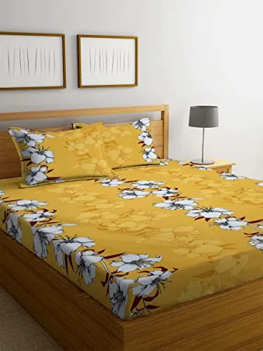 Shri Ram Enterprises 100% Pure Microfibre Yellow Flower Print Designed Double Bed Bedsheet with 2 Pillow Covers for Bedroom (72x78 Inches)