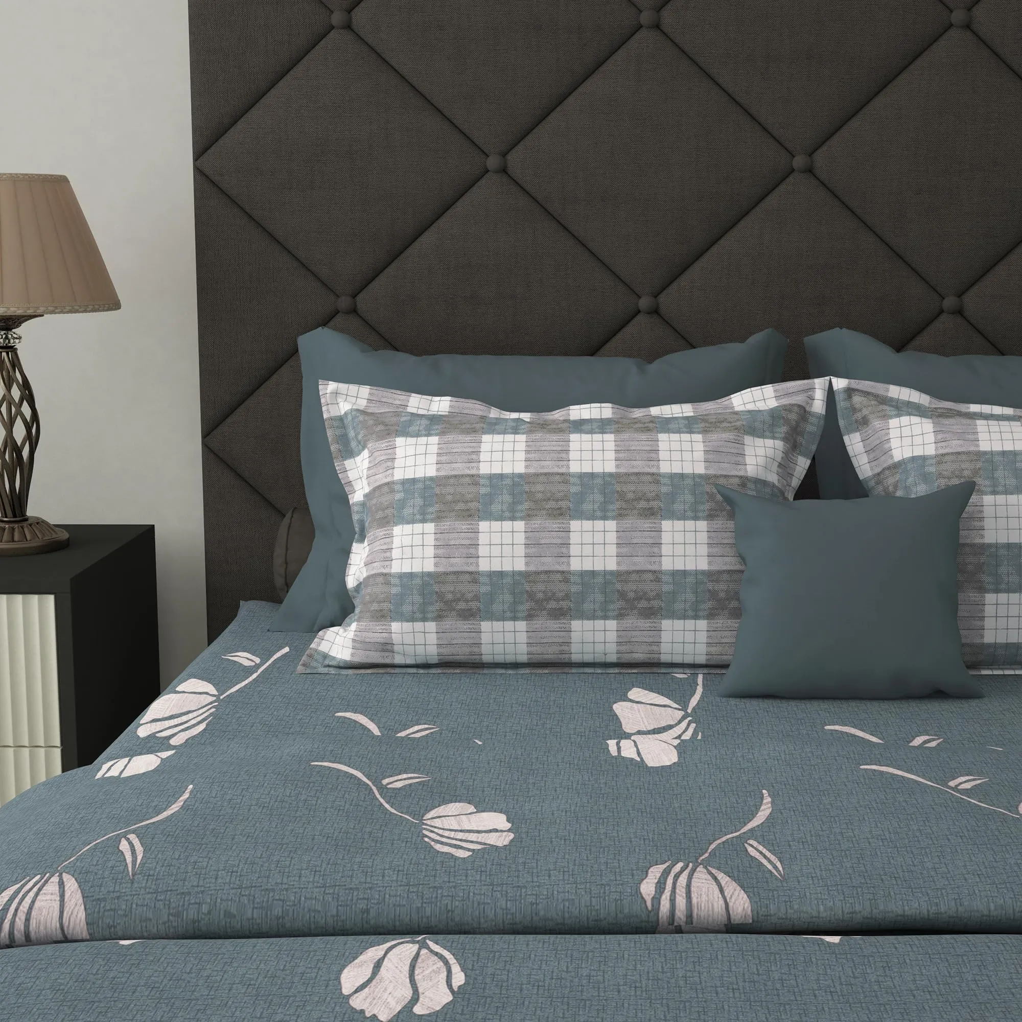 Story@Home Bedsheet | 186 TC 100% Cotton Bedsheet for Double Bed | Cotton Double Bedsheet with 2 Pillow Covers for Bedroom (250 X 225cm & 46 x 69 cm, Grey, Floral), Perfect for Festive Gifting!