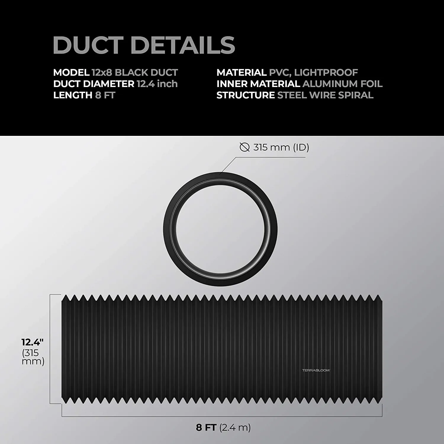 TerraBloom 12.4" (315mm) Air Duct - 8 FT Long, Black Flexible Ducting with 2 Clamps