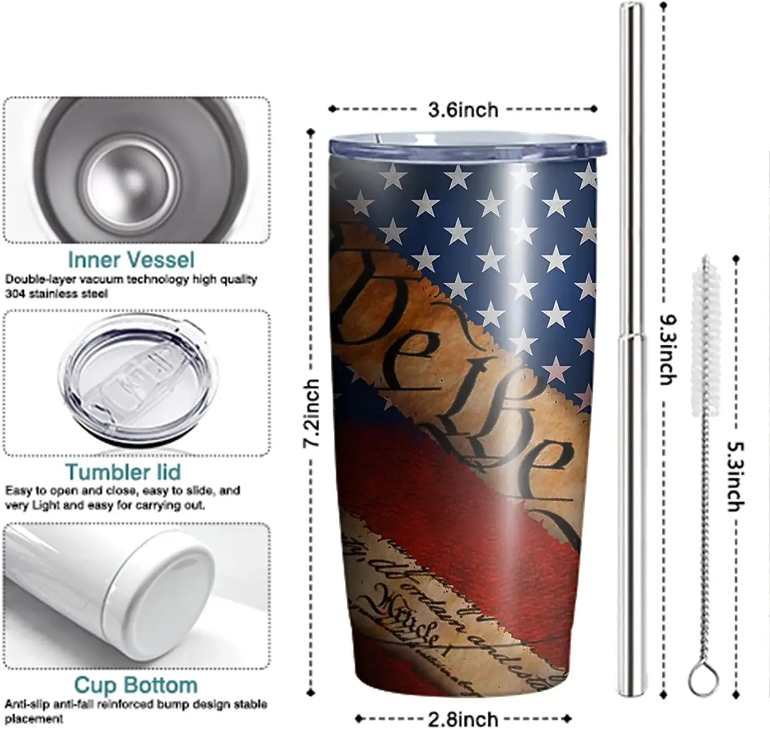 Tumbler for Men American Flag We The People Patriotic Coffee Tumbler for Mens 20 oz Vacuum Insulated Stainless Steel Travel Mug Gifts