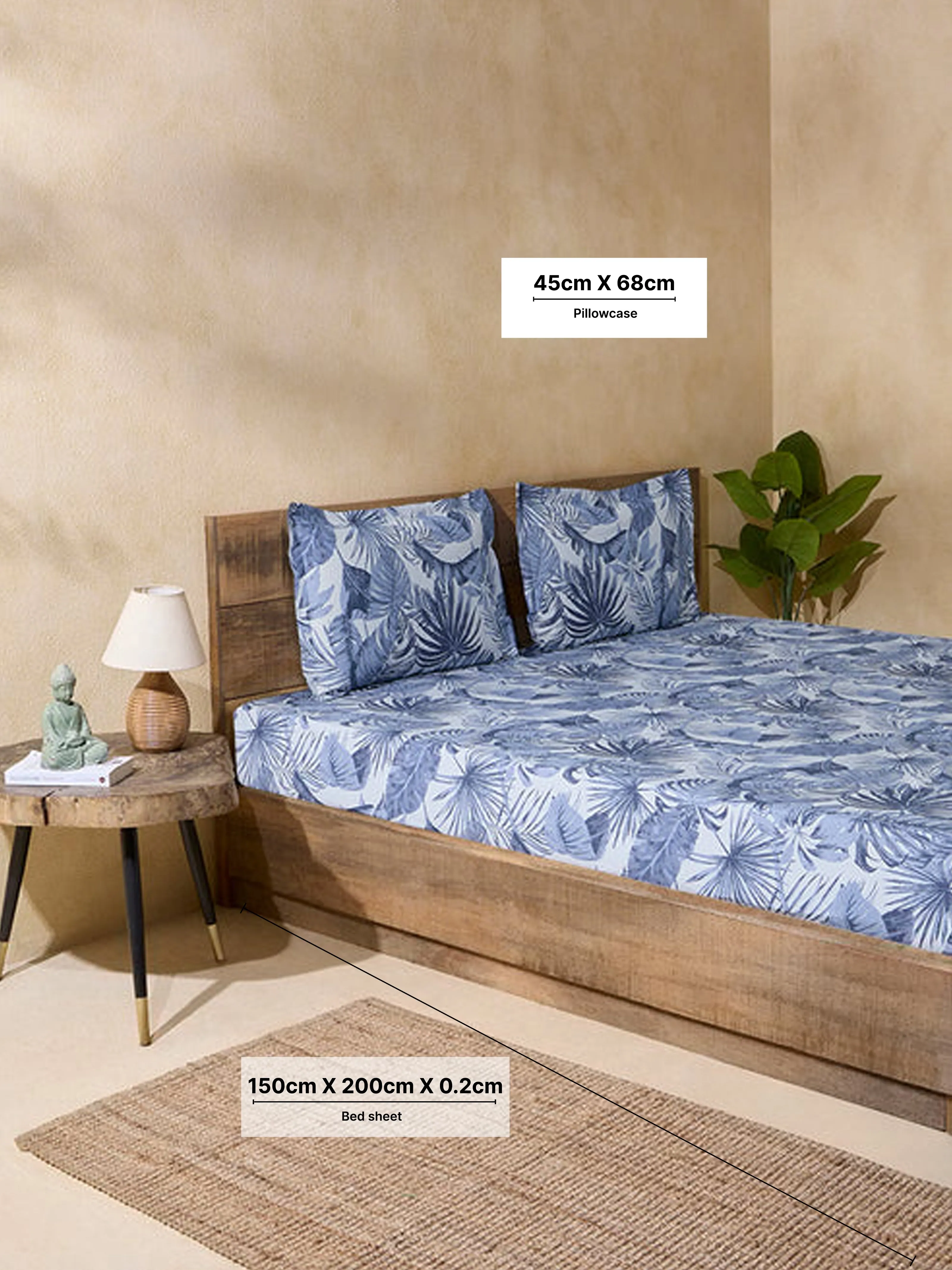 Westside Home Dusty Blue Botanical Design Double Bed Fitted Sheet and Pillow Cover Set