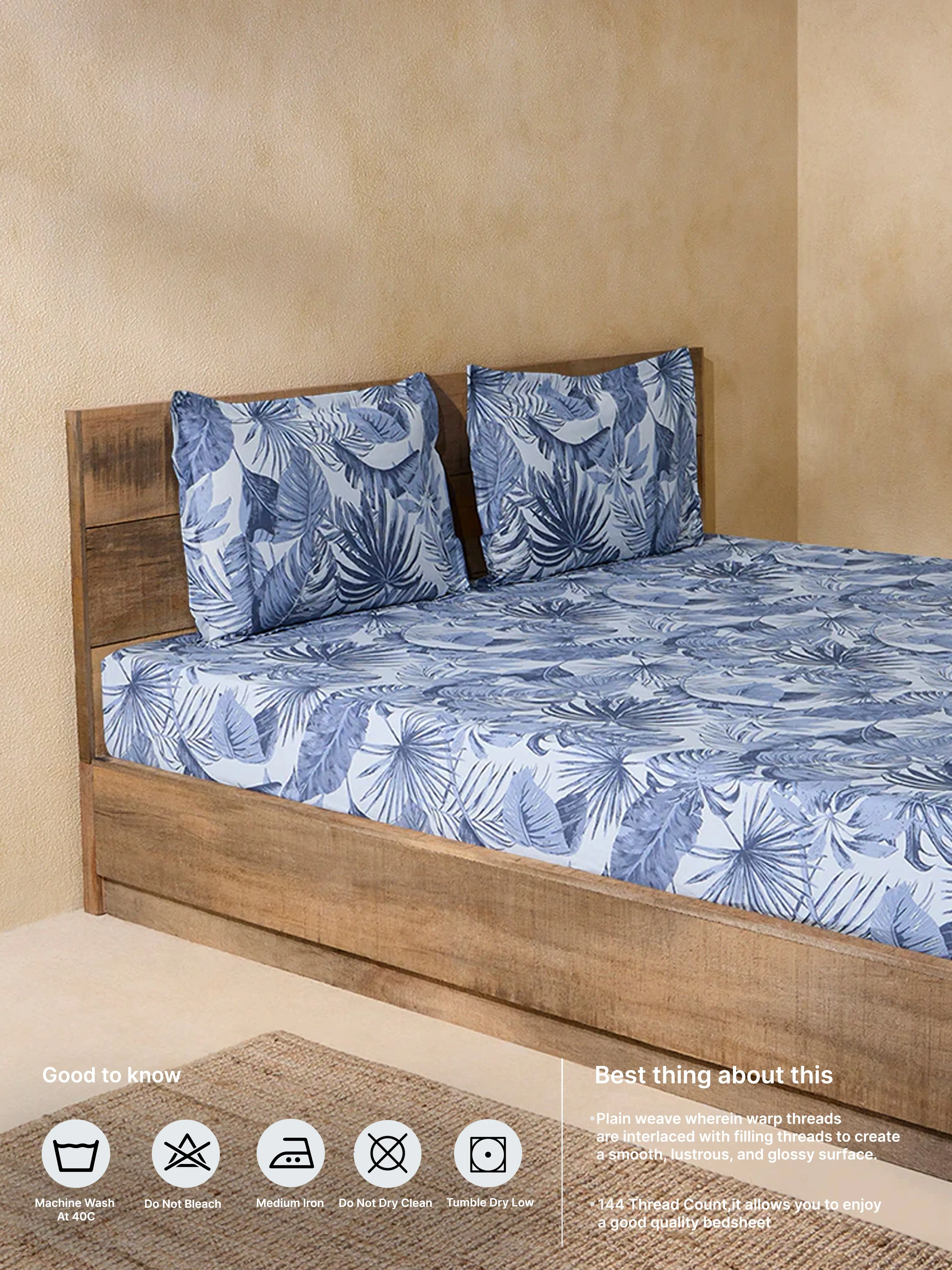 Westside Home Dusty Blue Botanical Design Double Bed Fitted Sheet and Pillow Cover Set