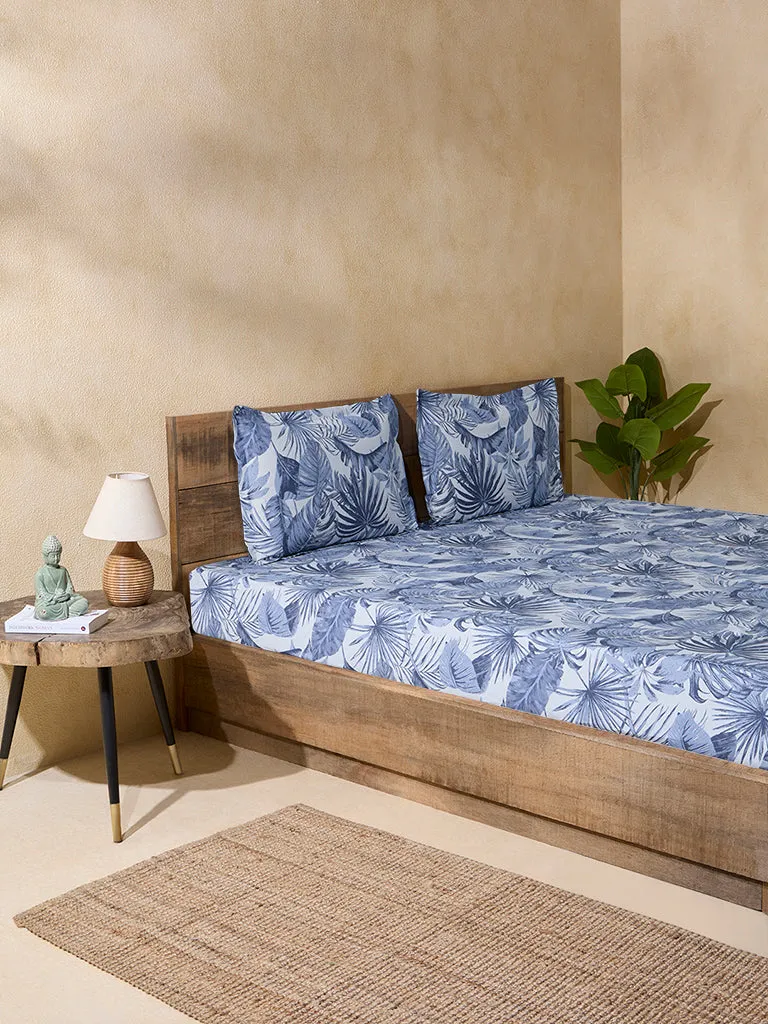 Westside Home Dusty Blue Botanical Design Double Bed Fitted Sheet and Pillow Cover Set