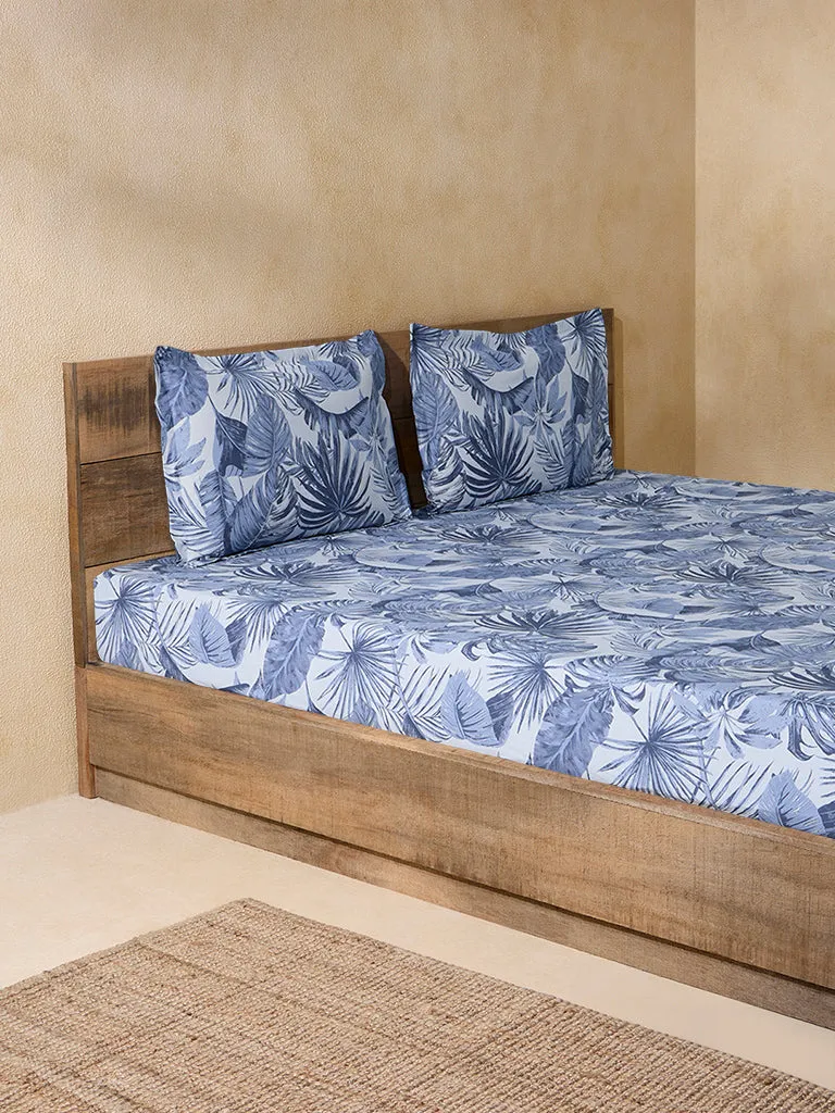 Westside Home Dusty Blue Botanical Design King Bed Fitted Sheet and Pillow Cover Set