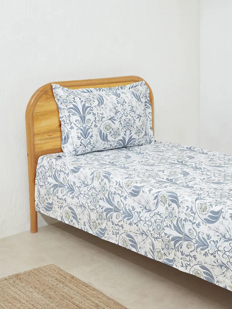 Westside Home Dusty Blue Damask Floral Single Bed Flat Sheet and Pillowcase Set