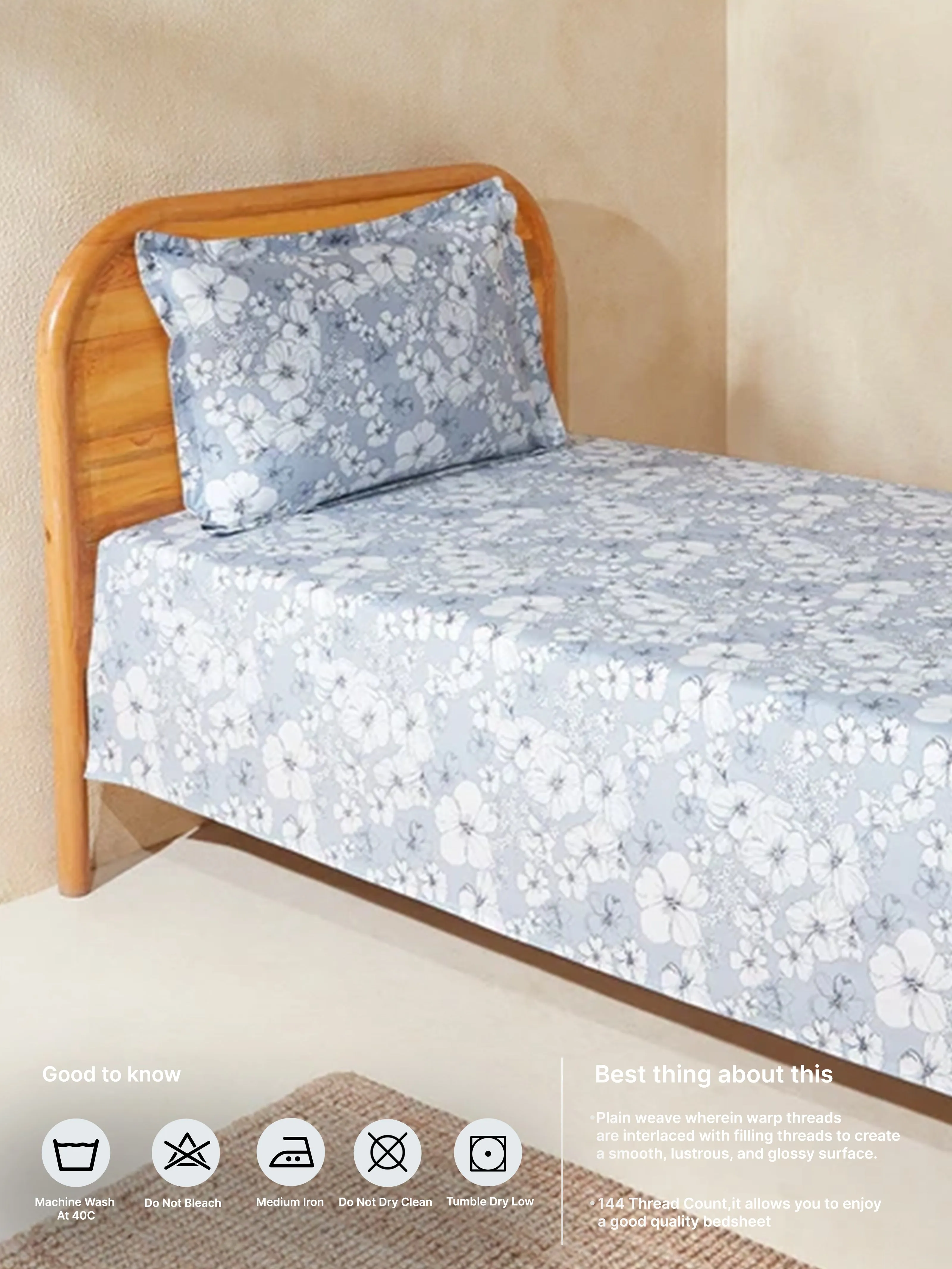 Westside Home Dusty Blue Single Bed Flat Sheet and Pillowcase Set