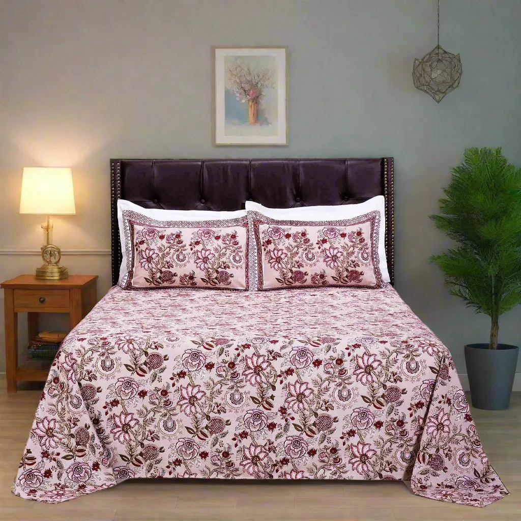 Zara Blooming Chintz Beige Cotton Bedsheet with 2 Pillow Covers